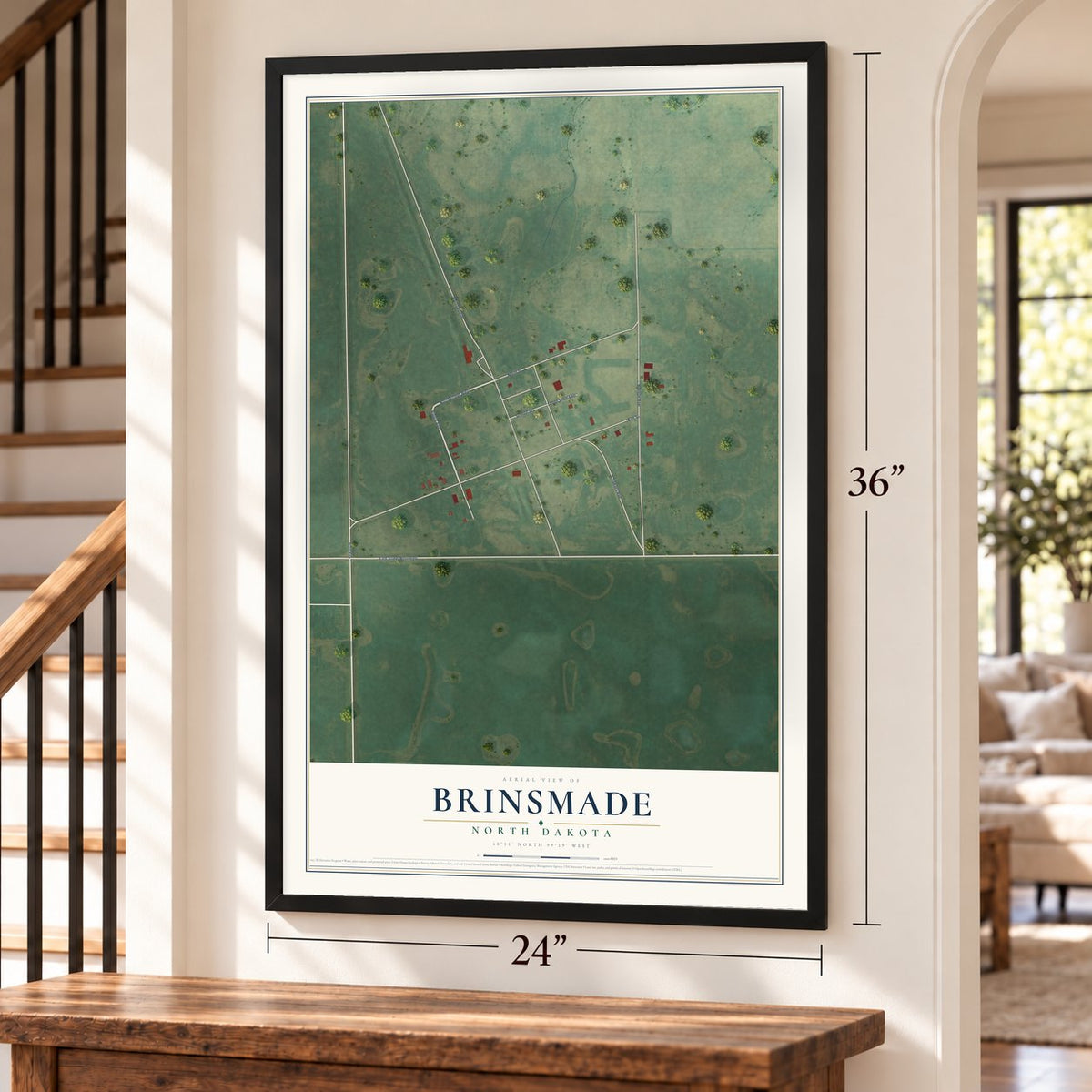 Brinsmade, North Dakota map, 24 x 36 inch print in a black frame by a staircase