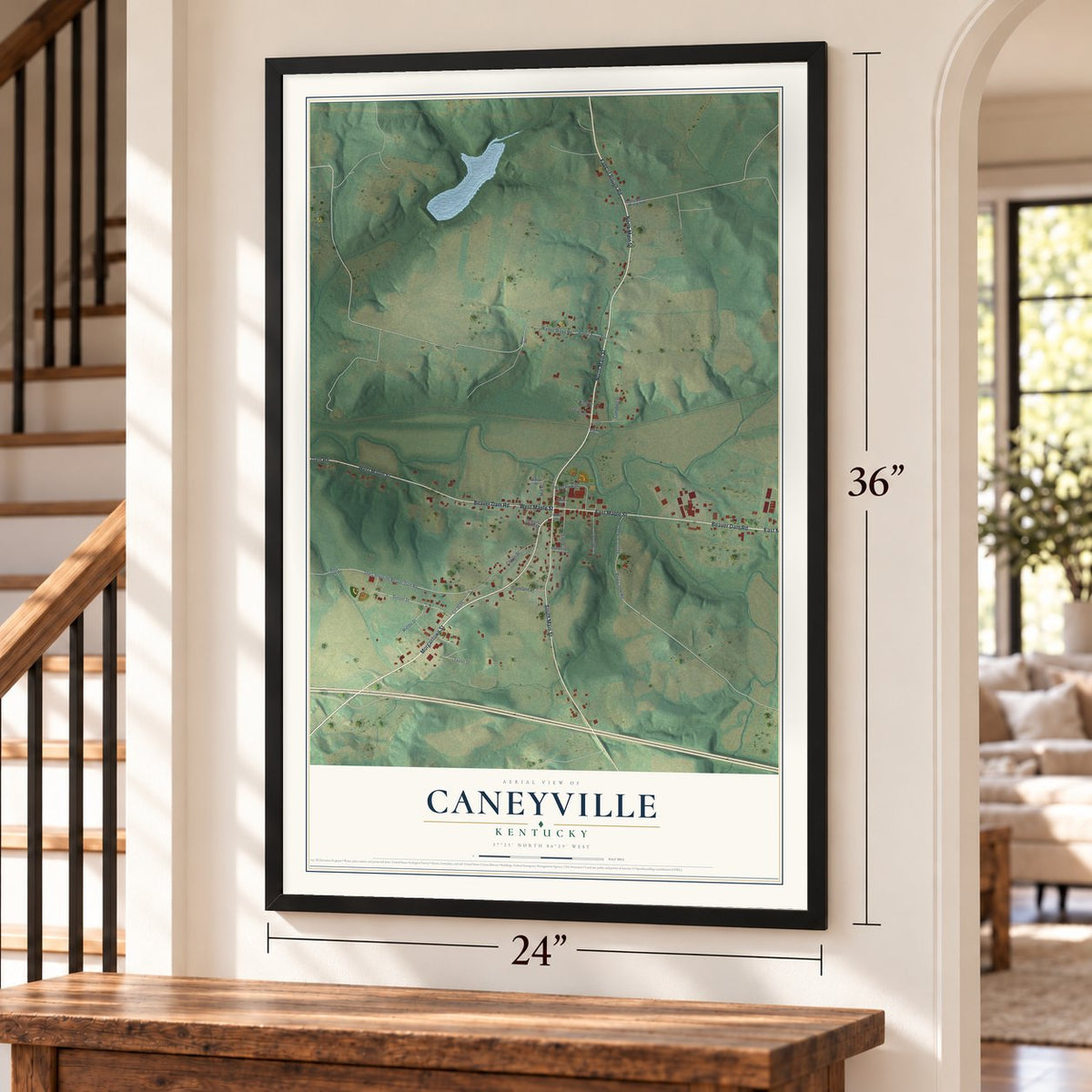 Caneyville, Kentucky map, 24 x 36 inch print in a black frame by a staircase