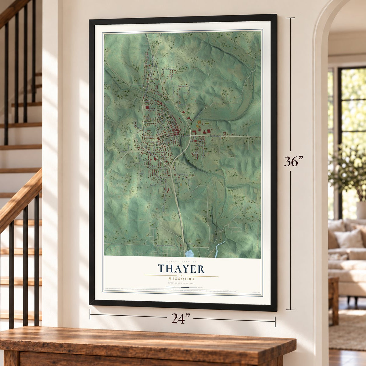 Thayer, Missouri map, 24 x 36 inch print in a black frame by a staircase
