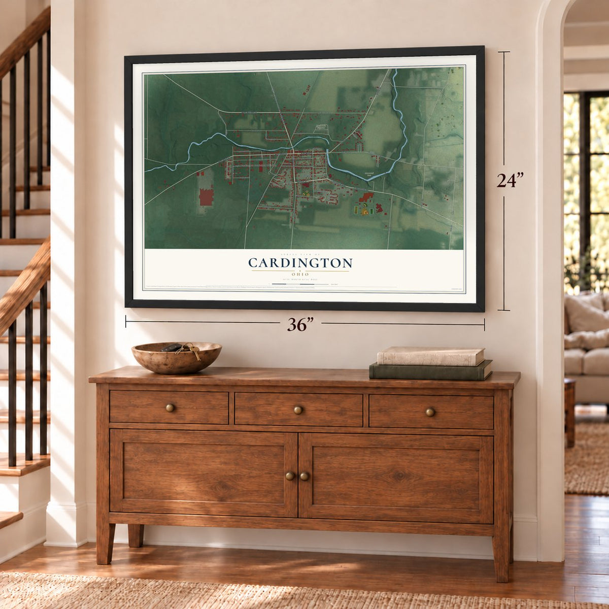 Cardington, Ohio map, 24 x 36 inch print in a black frame above a dresser by a staircase