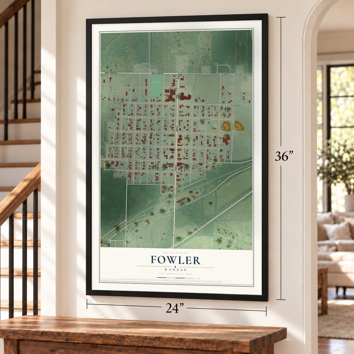 Fowler, Kansas map, 24 x 36 inch print in a black frame by a staircase