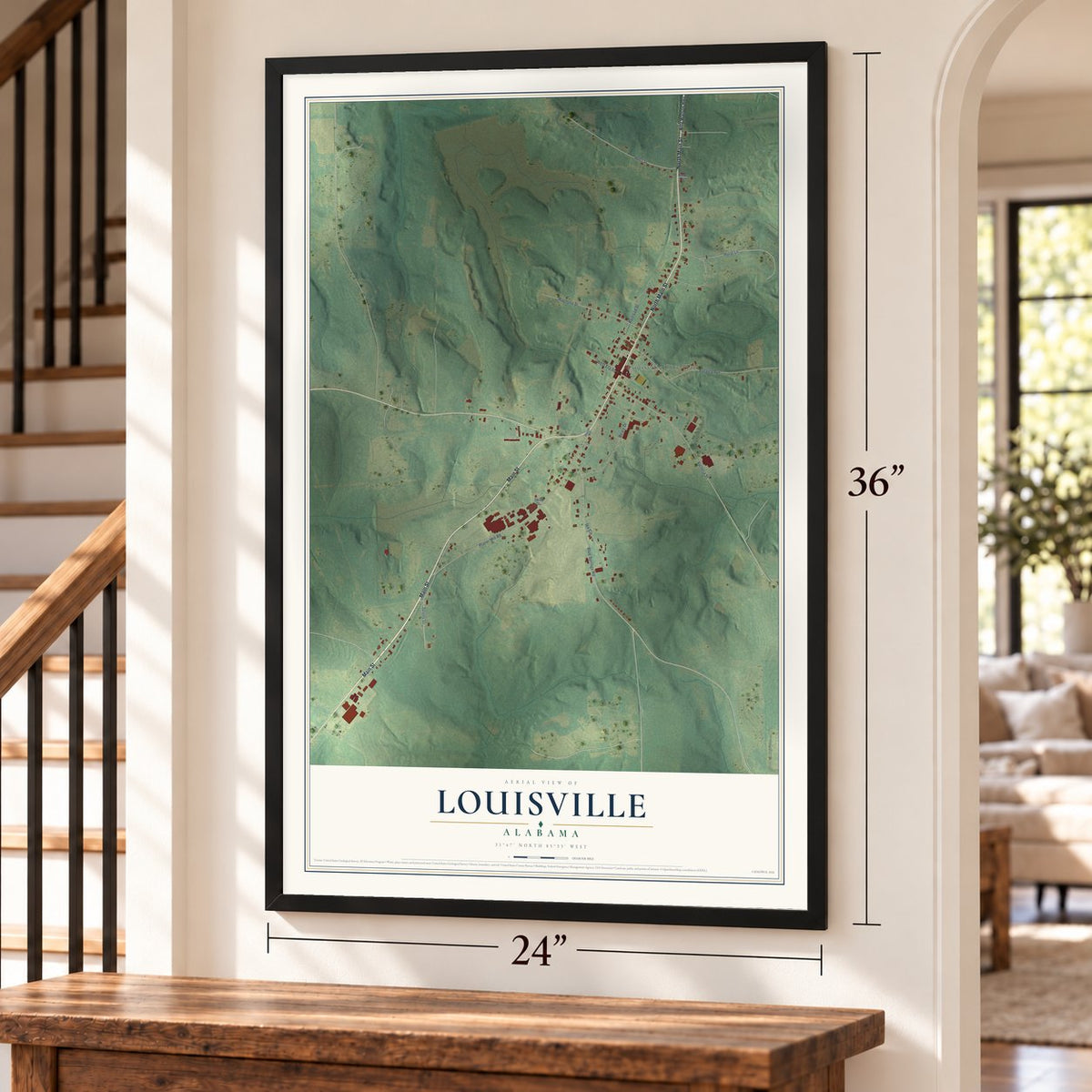 Louisville, Alabama map, 24 x 36 inch print in a black frame by a staircase