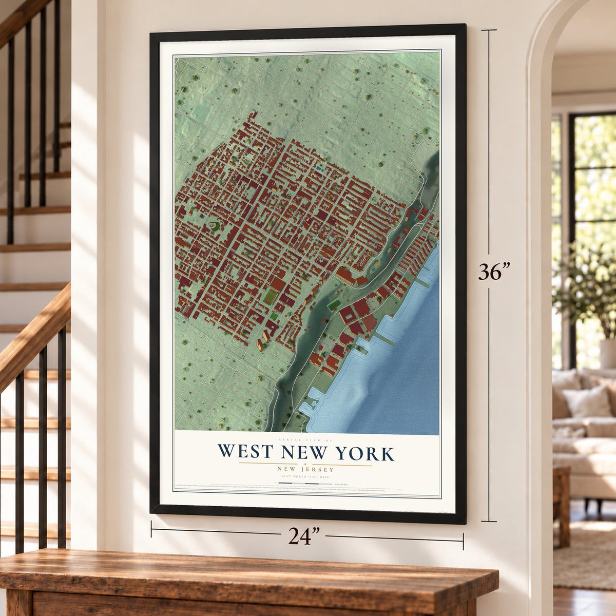 West New York, New Jersey map, 24 x 36 inch print in a black frame by a staircase