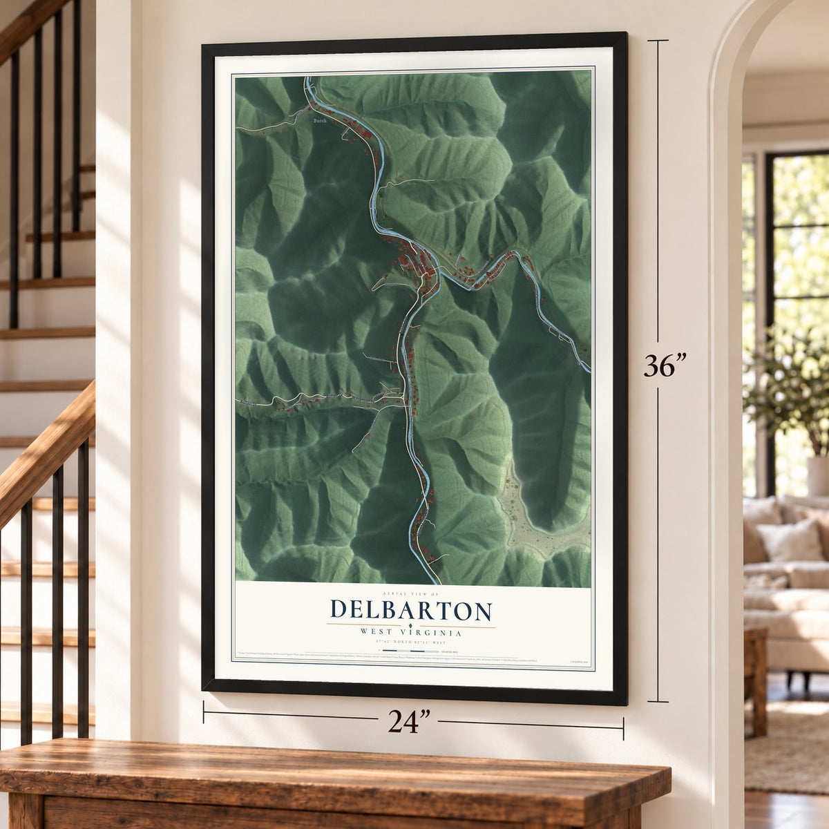 Delbarton, West Virginia map, 24 x 36 inch print in a black frame by a staircase