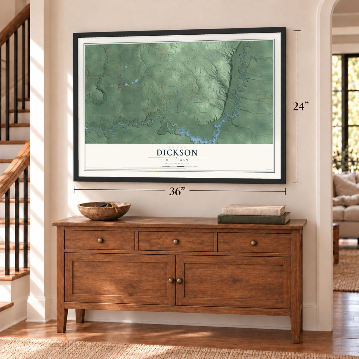 Dickson, Michigan map, 24 x 36 inch print in a black frame above a dresser by a staircase
