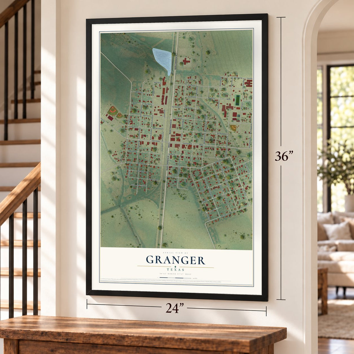 Granger, Texas map, 24 x 36 inch print in a black frame by a staircase