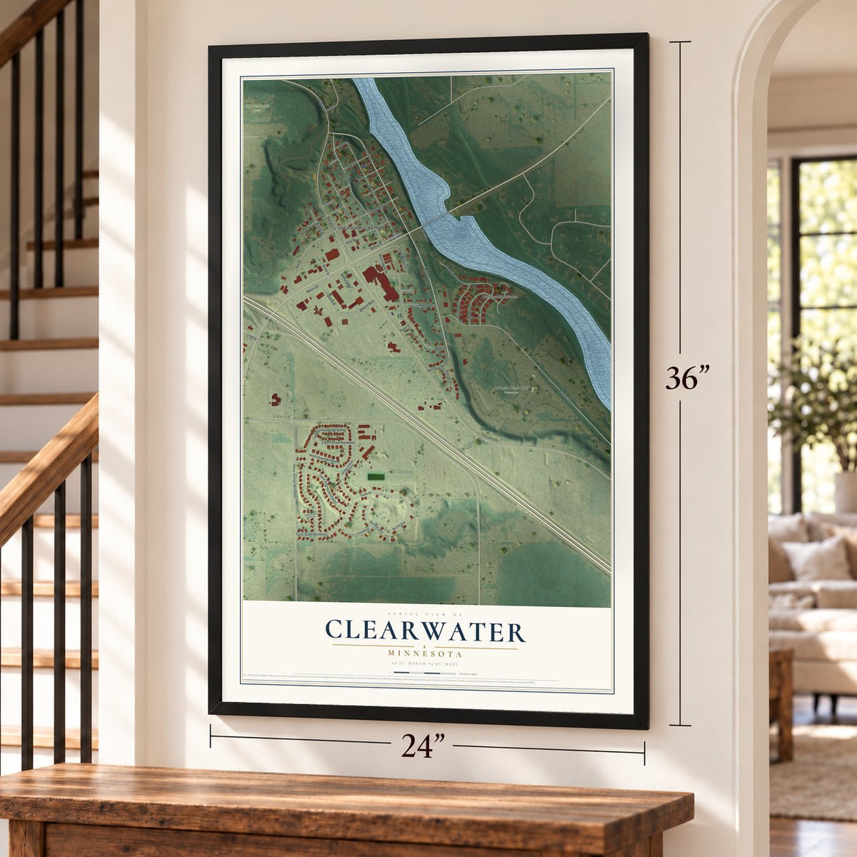 Clearwater, Minnesota map, 24 x 36 inch print in a black frame by a staircase