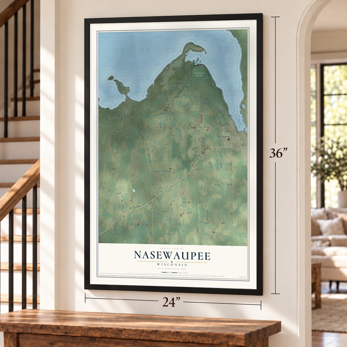 Nasewaupee, Wisconsin map, 24 x 36 inch print in a black frame by a staircase