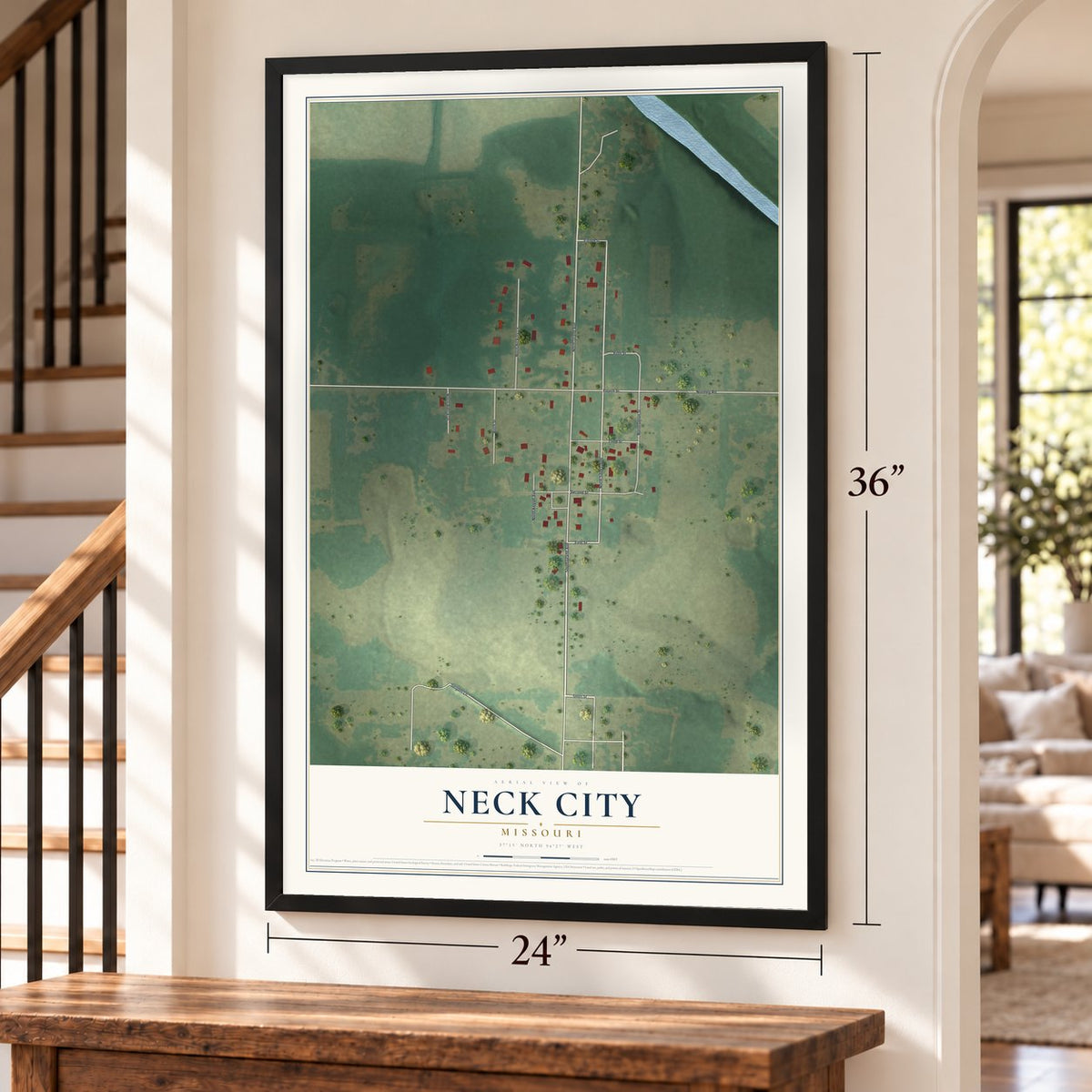 Neck City, Missouri map, 24 x 36 inch print in a black frame by a staircase