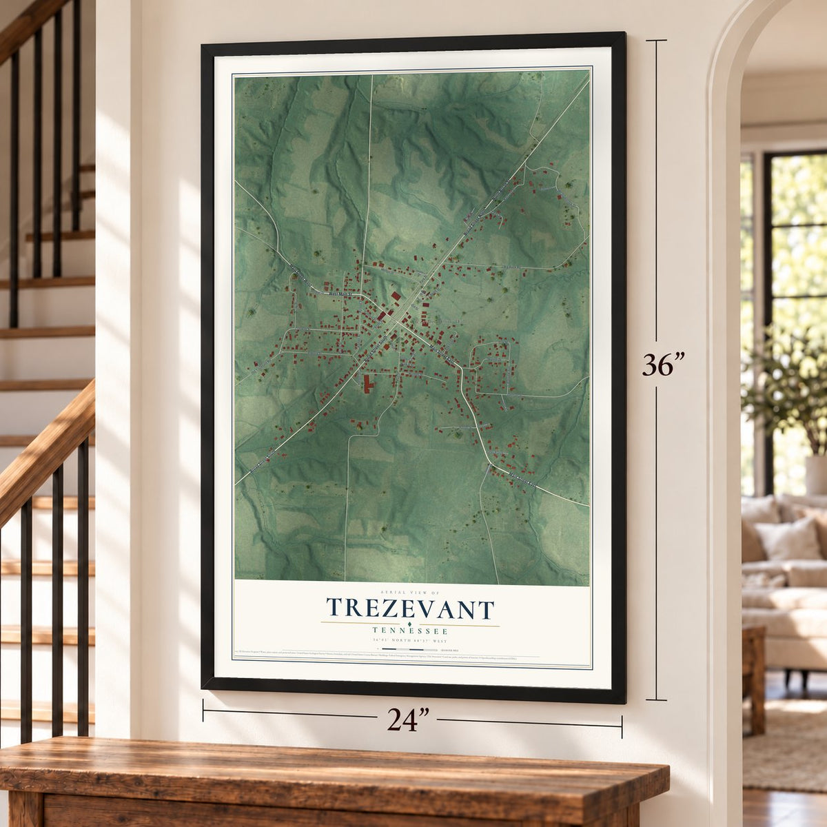 Trezevant, Tennessee map, 24 x 36 inch print in a black frame by a staircase