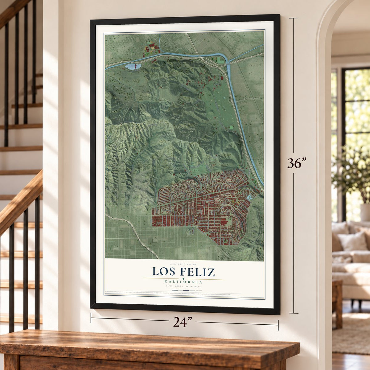 Los Feliz, California map, 24 x 36 inch print in a black frame by a staircase
