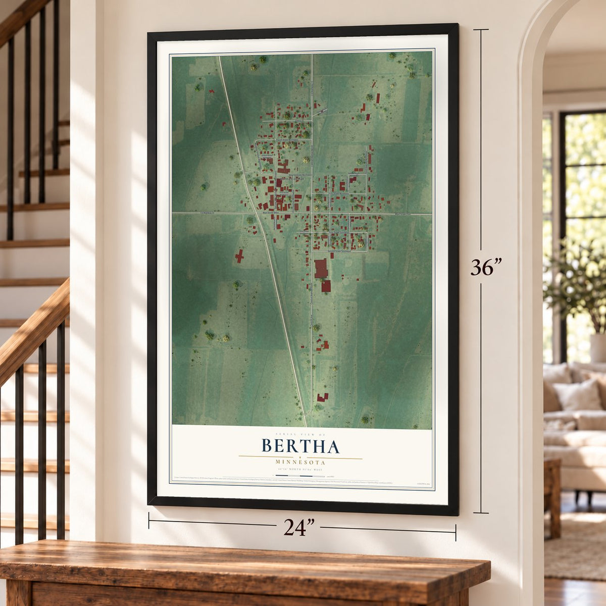 Bertha, Minnesota map, 24 x 36 inch print in a black frame by a staircase
