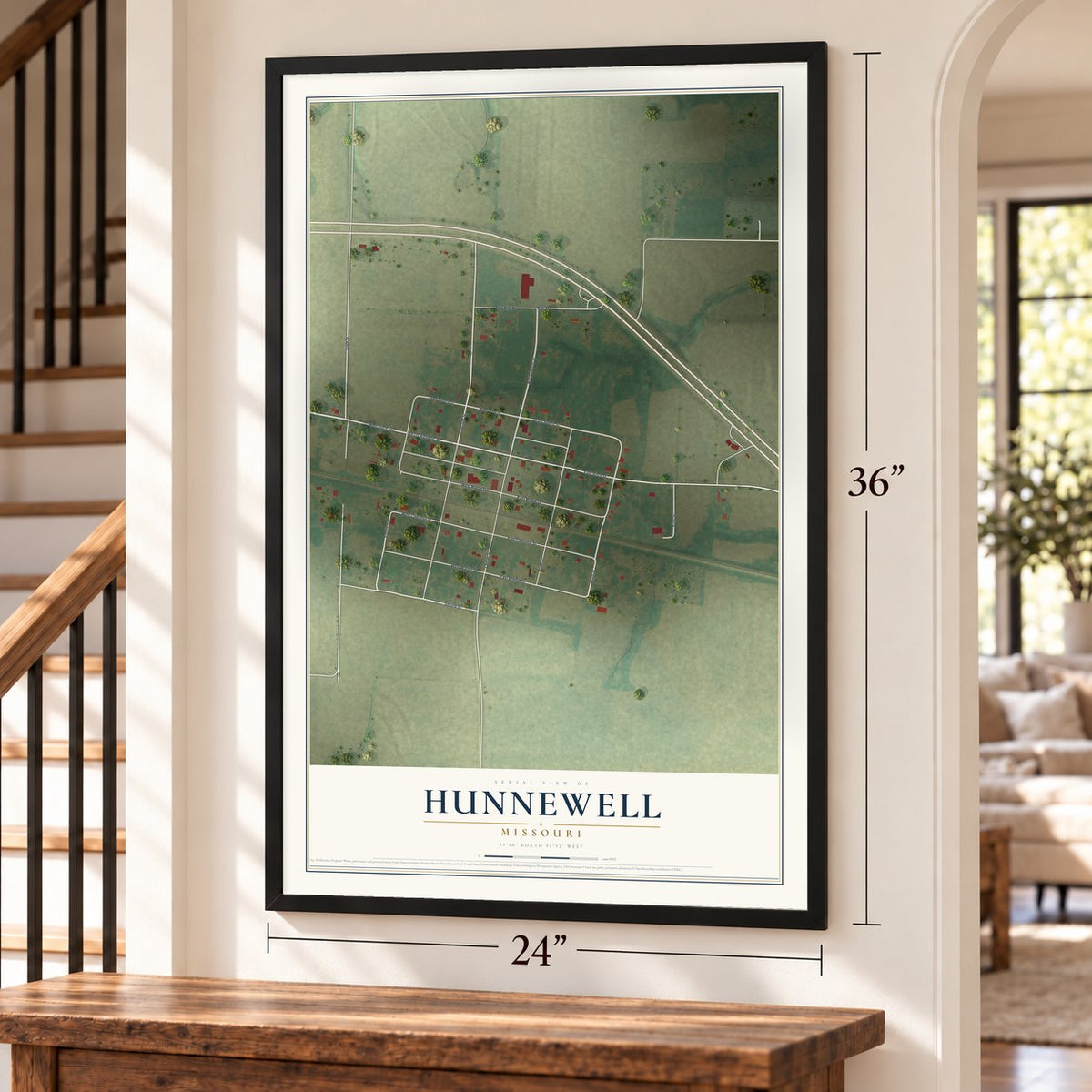Hunnewell, Missouri map, 24 x 36 inch print in a black frame by a staircase