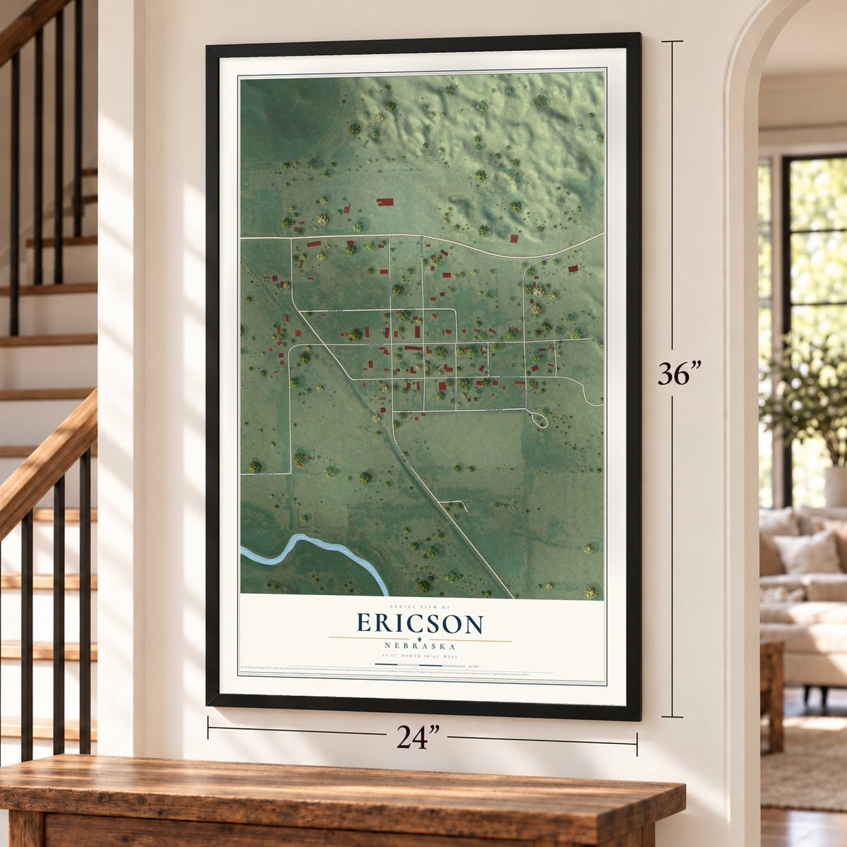 Ericson, Nebraska map, 24 x 36 inch print in a black frame by a staircase