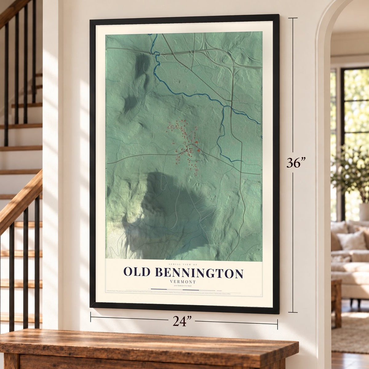 Old Bennington, Vermont map, 24 x 36 inch print in a black frame by a staircase