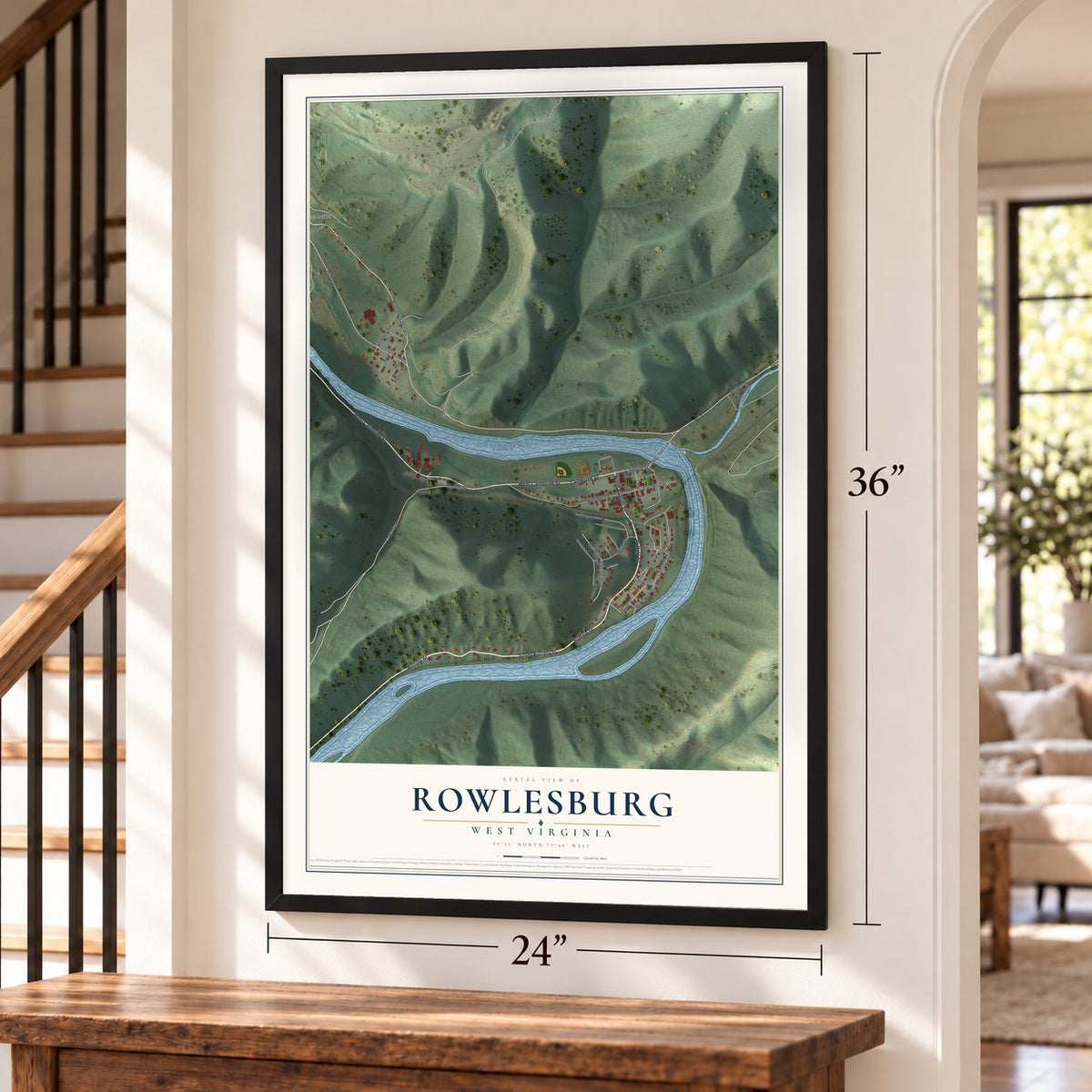 Rowlesburg, West Virginia map, 24 x 36 inch print in a black frame by a staircase