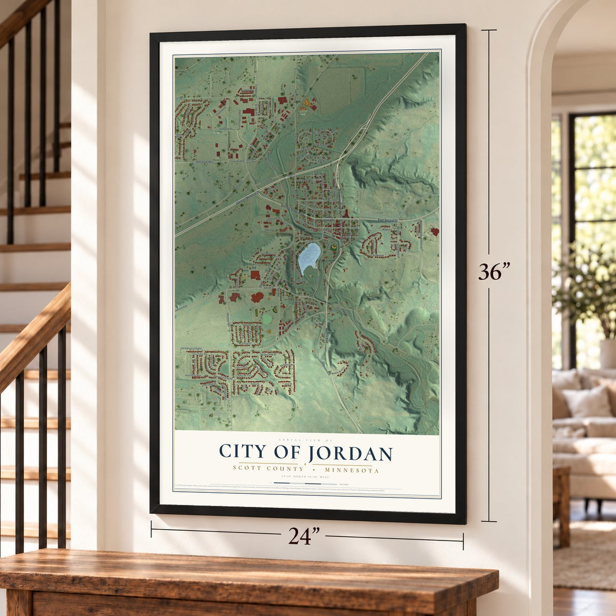 Jordan, Minnesota map, 24 x 36 inch print in a black frame by a staircase
