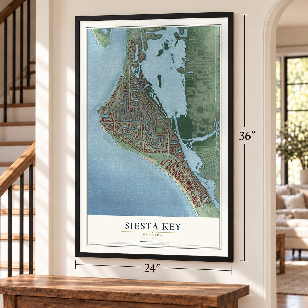 Siesta Key, Florida map, 24 x 36 inch print in a black frame by a staircase