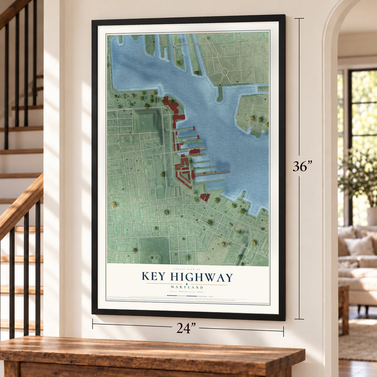 Key Highway, Maryland map, 24 x 36 inch print in a black frame by a staircase