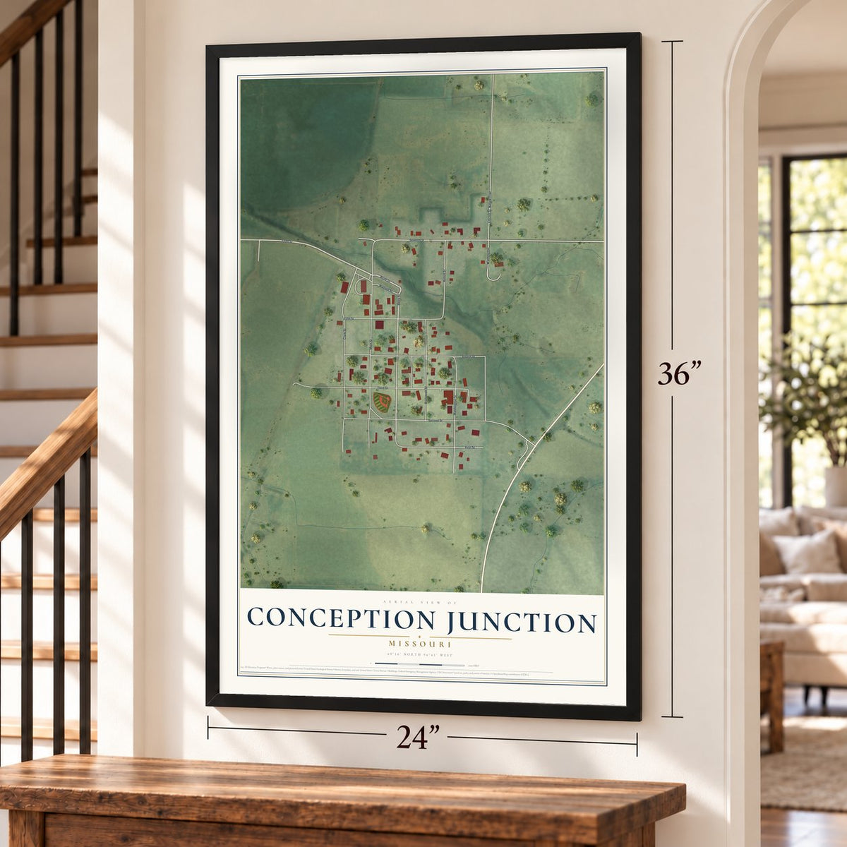 Conception Junction, Missouri map, 24 x 36 inch print in a black frame by a staircase