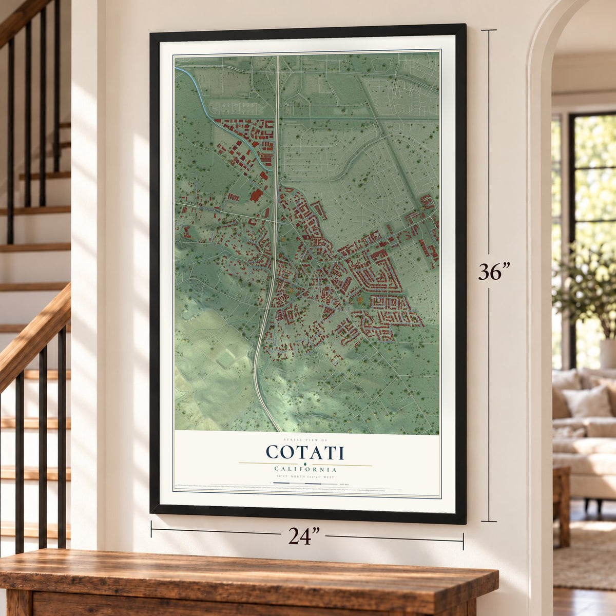 Cotati, California map, 24 x 36 inch print in a black frame by a staircase