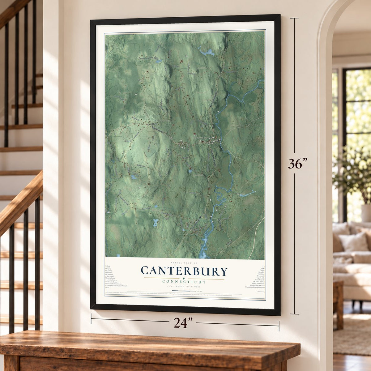 Canterbury, Connecticut map, 24 x 36 inch print in a black frame by a staircase