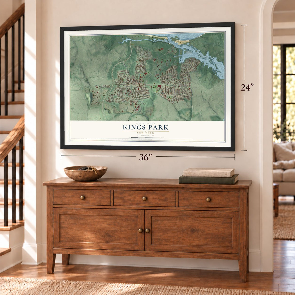 Kings Park, New York map, 24 x 36 inch print in a black frame above a dresser by a staircase