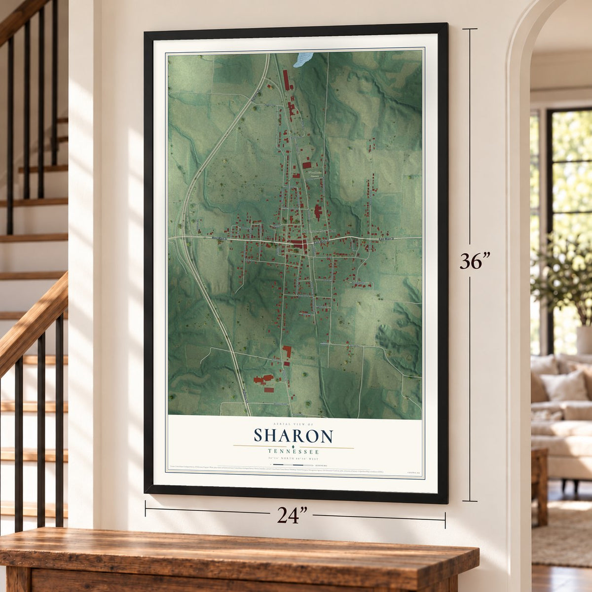 Sharon, Tennessee map, 24 x 36 inch print in a black frame by a staircase