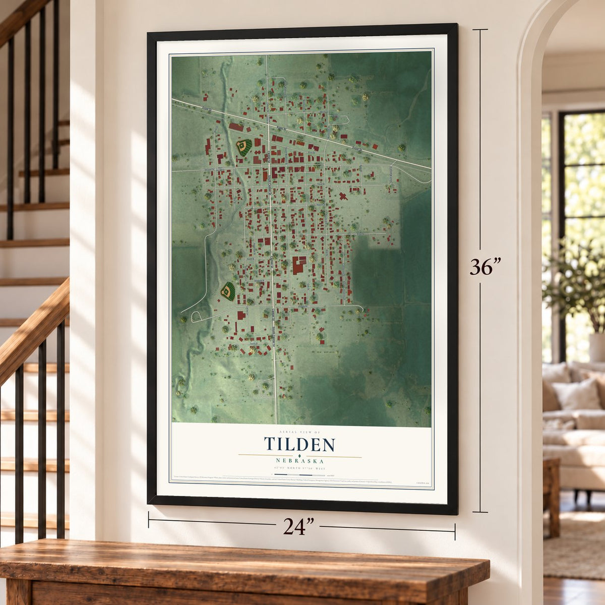 Tilden, Nebraska map, 24 x 36 inch print in a black frame by a staircase