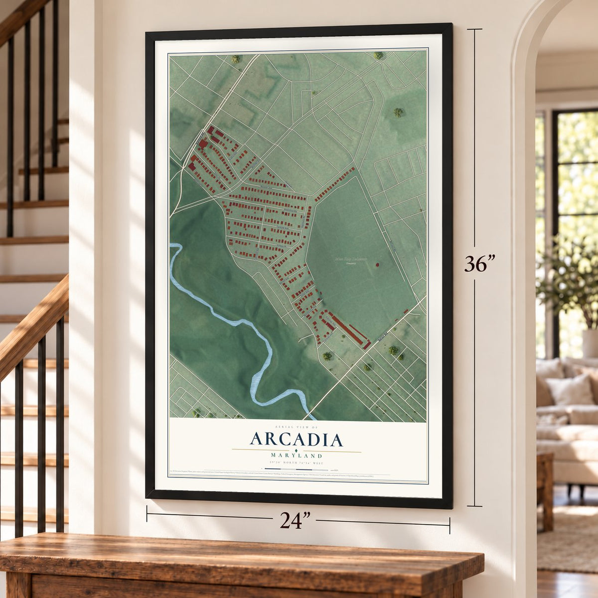 Arcadia, Maryland map, 24 x 36 inch print in a black frame by a staircase