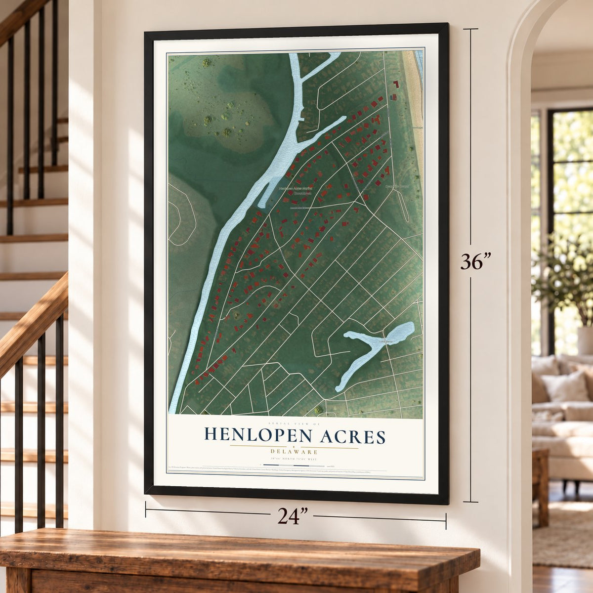 Henlopen Acres, Delaware map, 24 x 36 inch print in a black frame by a staircase