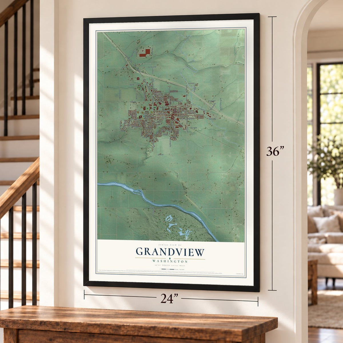 Grandview, Washington map, 24 x 36 inch print in a black frame by a staircase