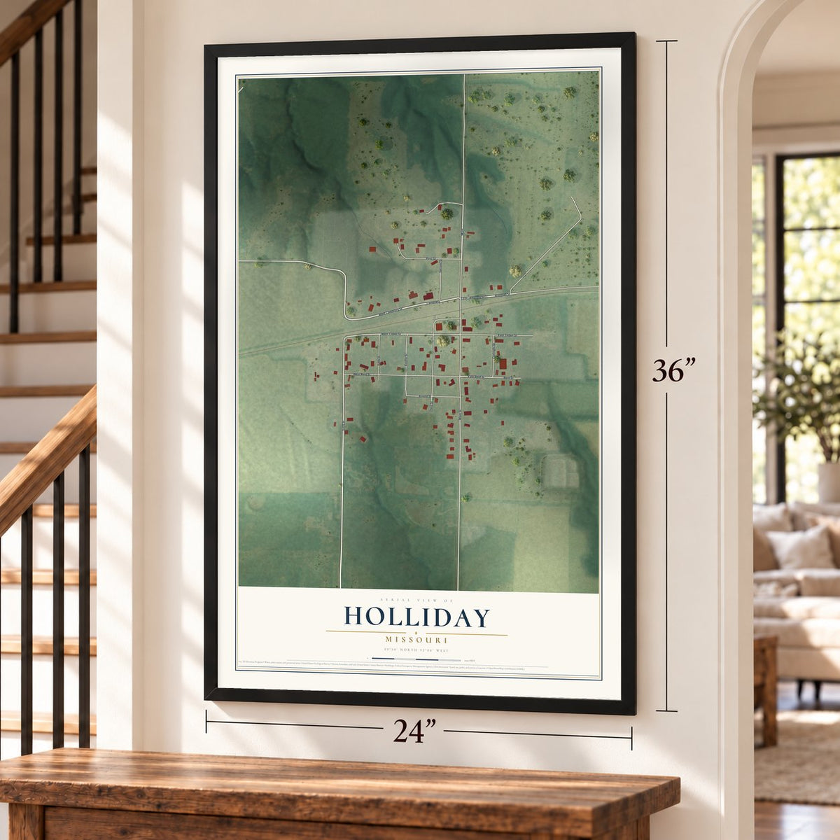 Holliday, Missouri map, 24 x 36 inch print in a black frame by a staircase