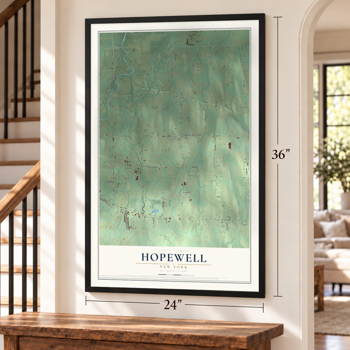 Hopewell, New York map, 24 x 36 inch print in a black frame by a staircase