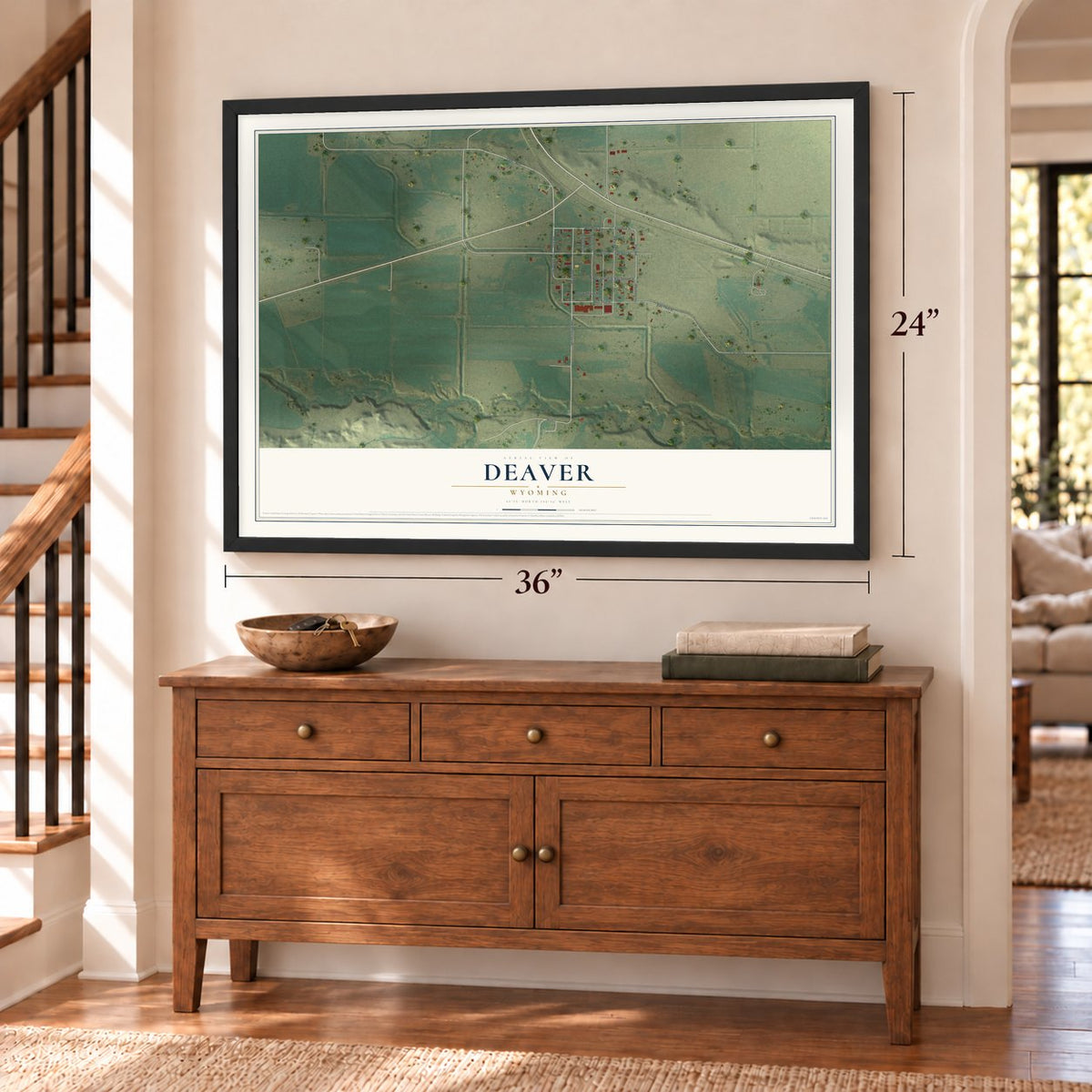 Deaver, Wyoming map, 24 x 36 inch print in a black frame above a dresser by a staircase