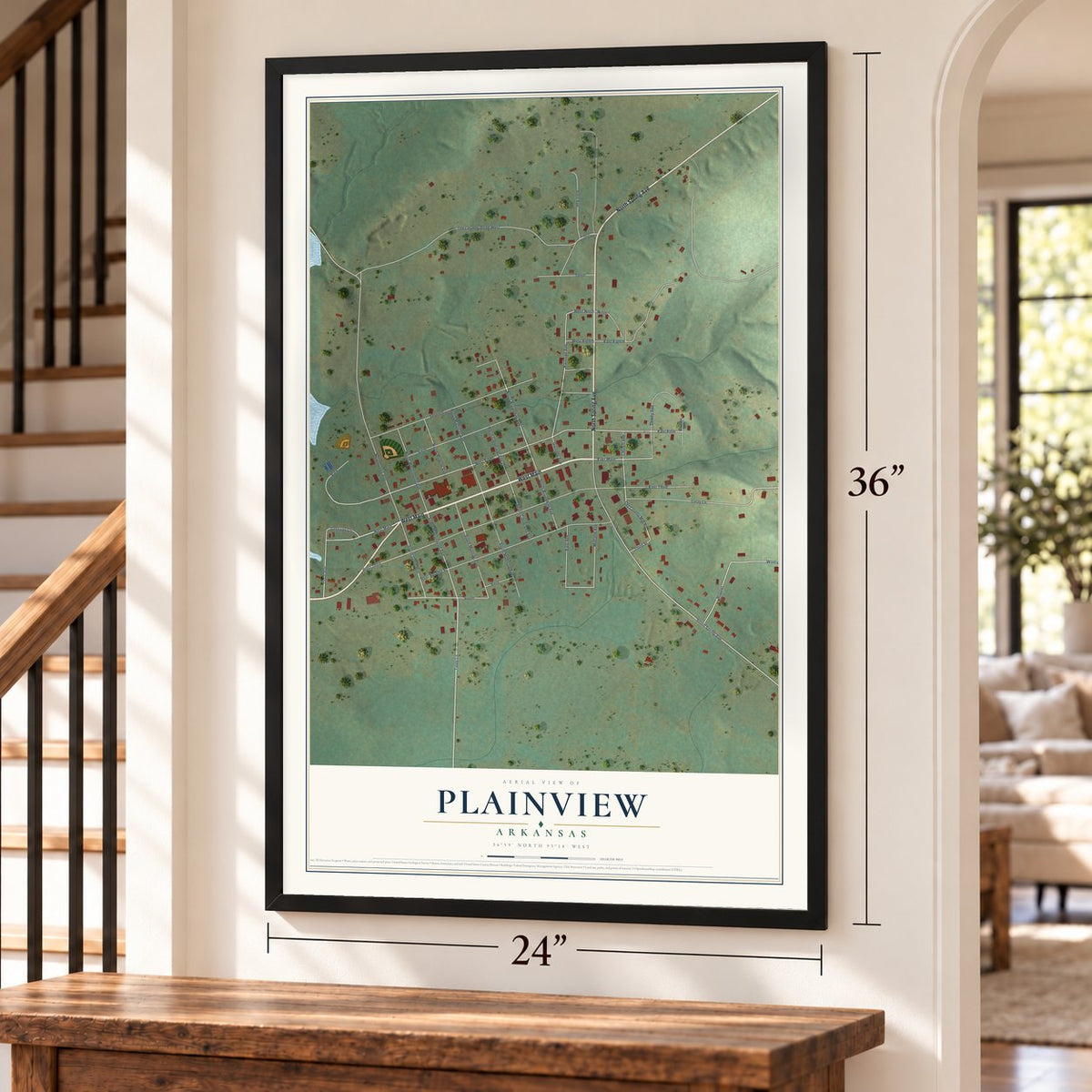 Plainview, Arkansas map, 24 x 36 inch print in a black frame by a staircase