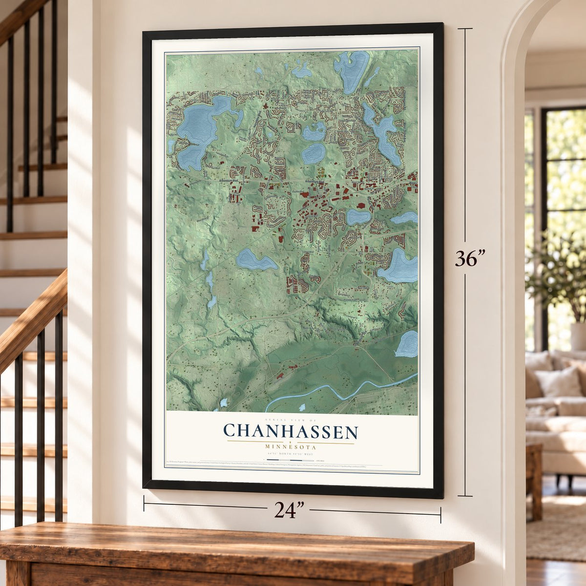 Chanhassen, Minnesota map, 24 x 36 inch print in a black frame by a staircase