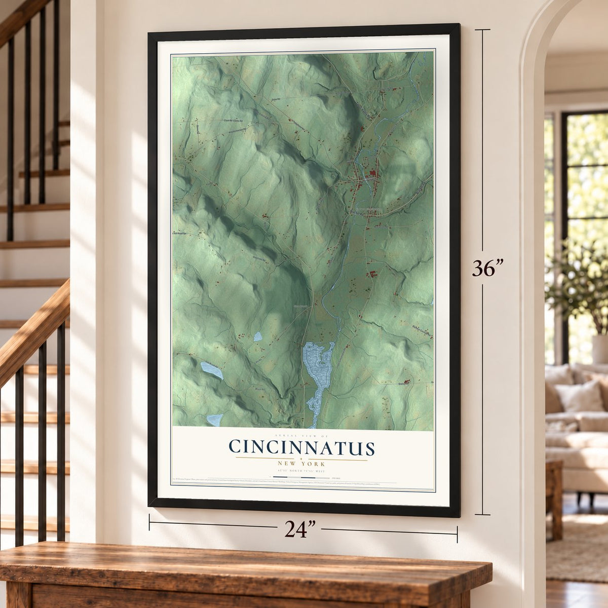 Cincinnatus, New York map, 24 x 36 inch print in a black frame by a staircase