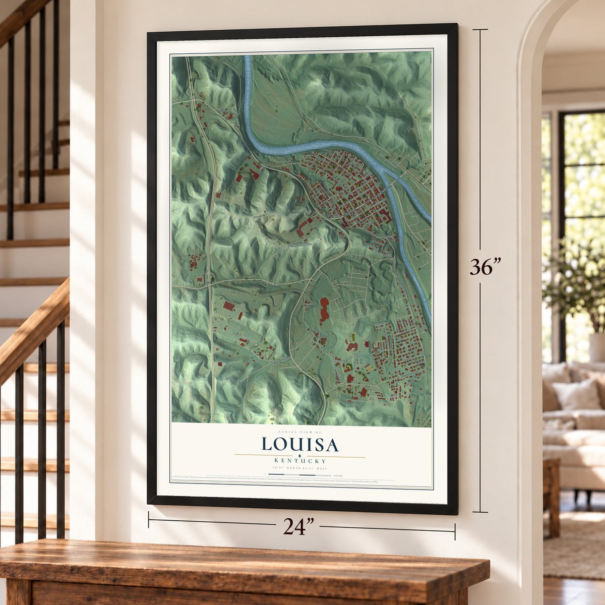 Louisa, Kentucky map, 24 x 36 inch print in a black frame by a staircase