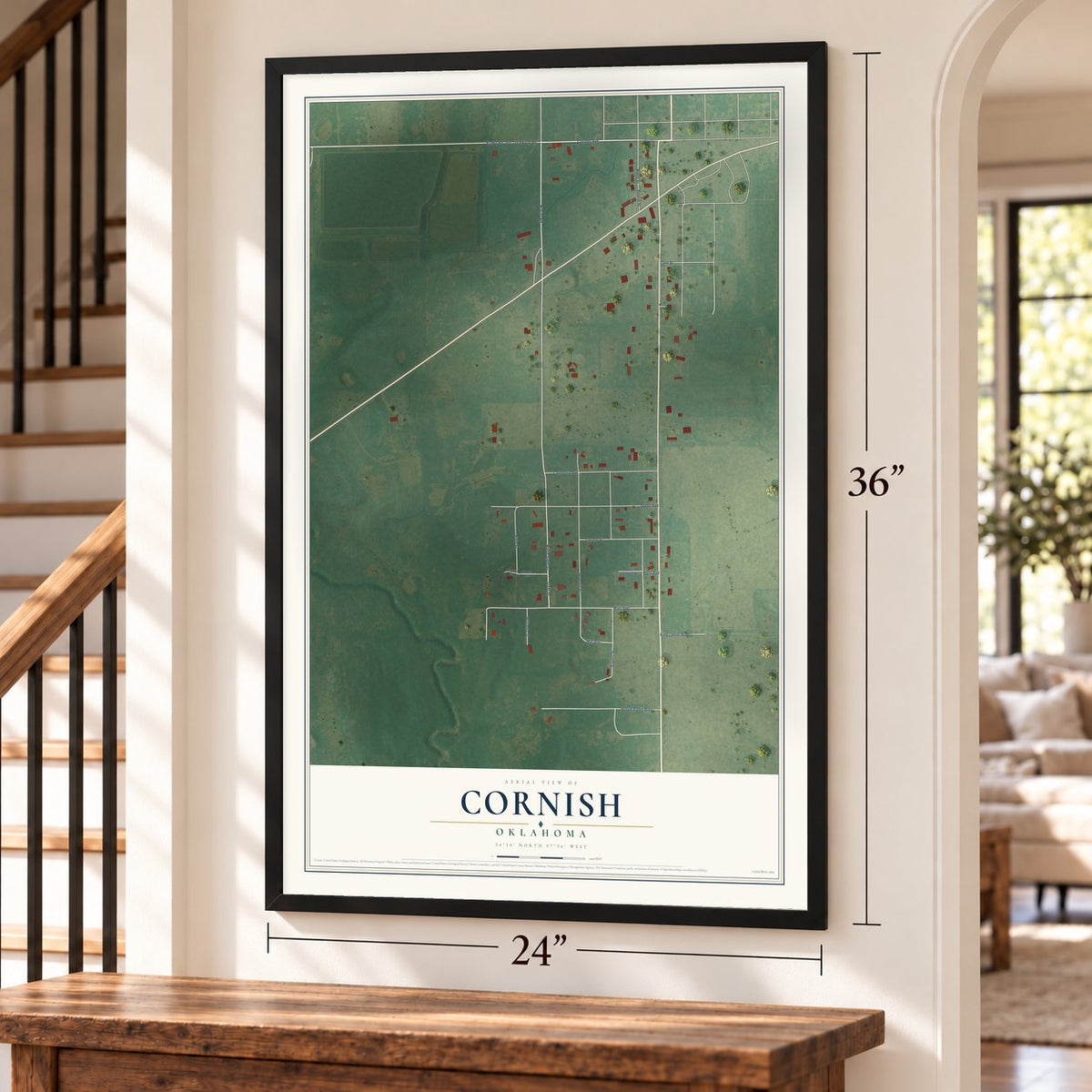 Cornish, Oklahoma map, 24 x 36 inch print in a black frame by a staircase