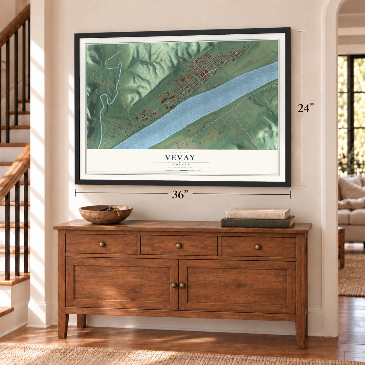 Vevay, Indiana map, 24 x 36 inch print in a black frame above a dresser by a staircase