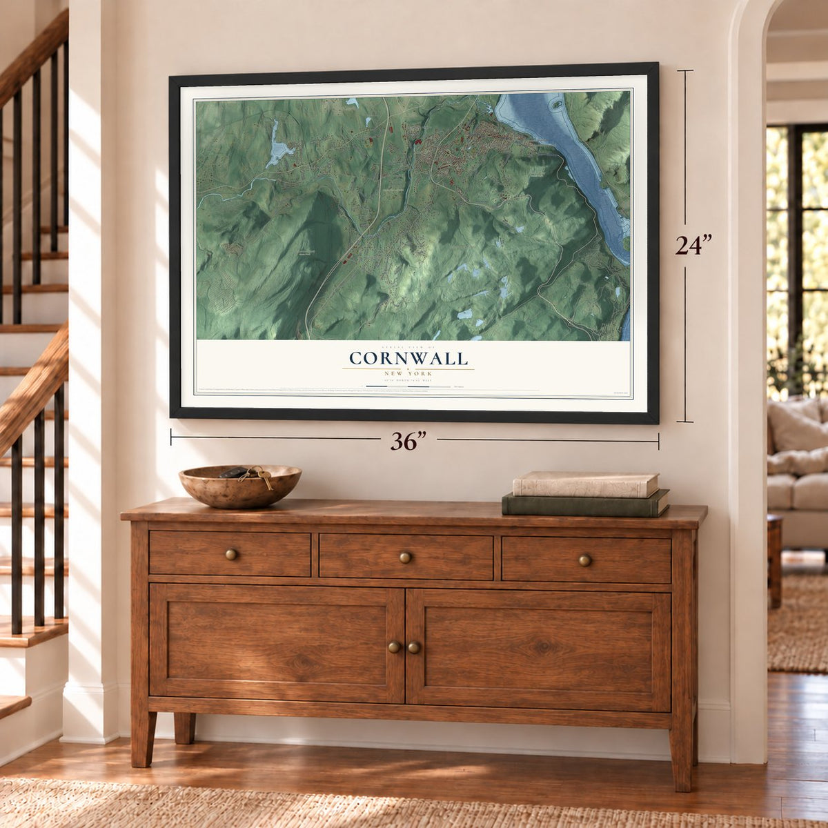 Cornwall, New York map, 24 x 36 inch print in a black frame above a dresser by a staircase