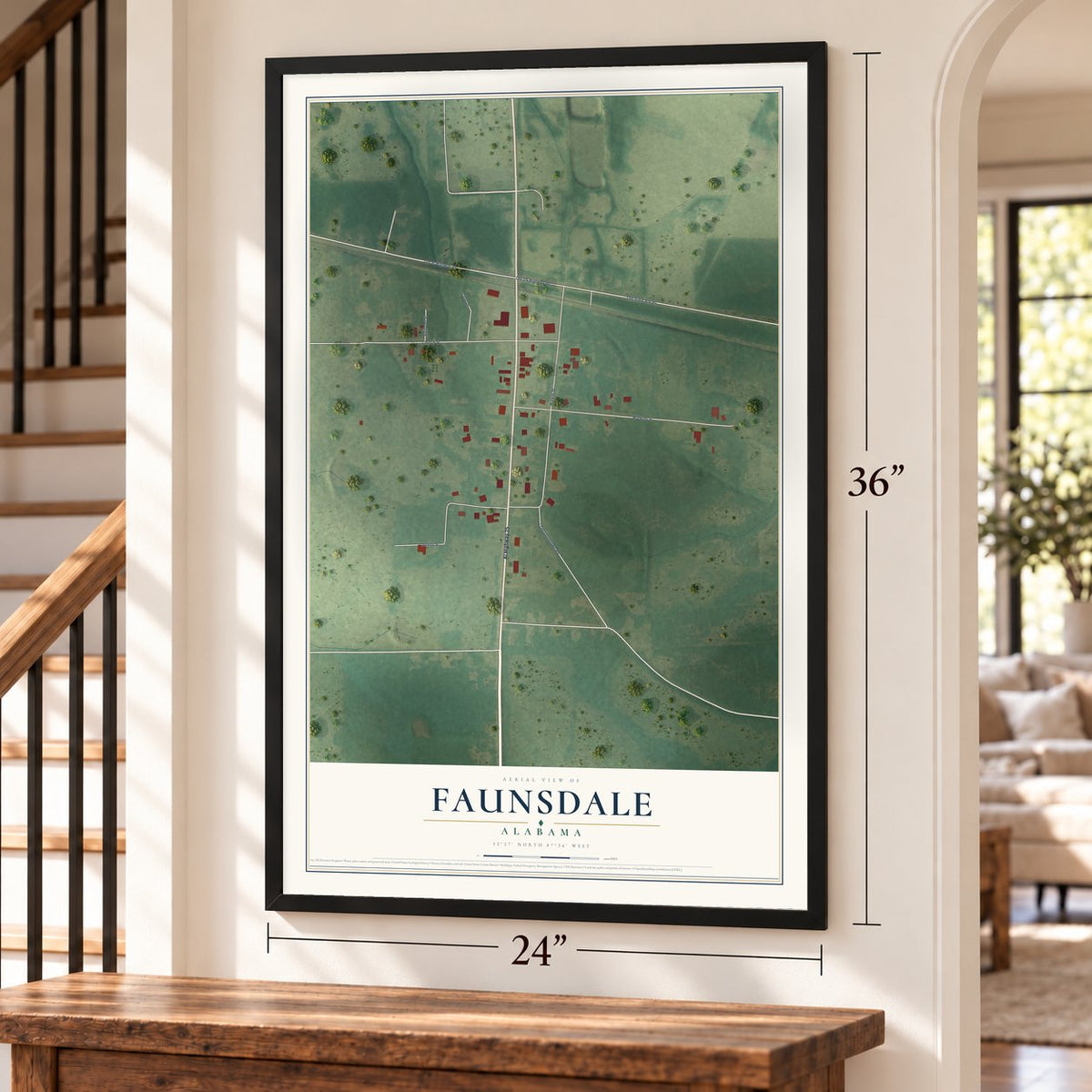 Faunsdale, Alabama map, 24 x 36 inch print in a black frame by a staircase