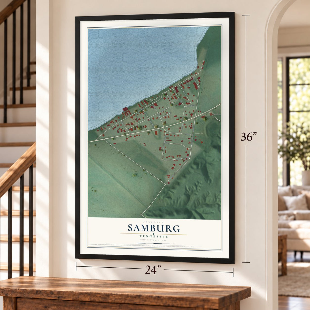 Samburg, Tennessee map, 24 x 36 inch print in a black frame by a staircase