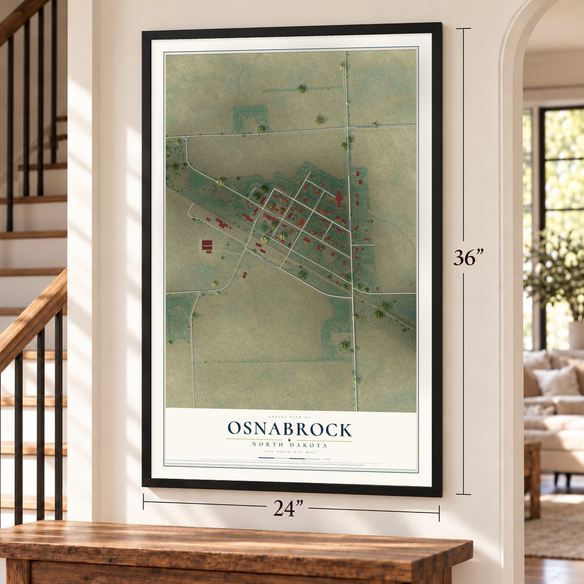 Osnabrock, North Dakota map, 24 x 36 inch print in a black frame by a staircase