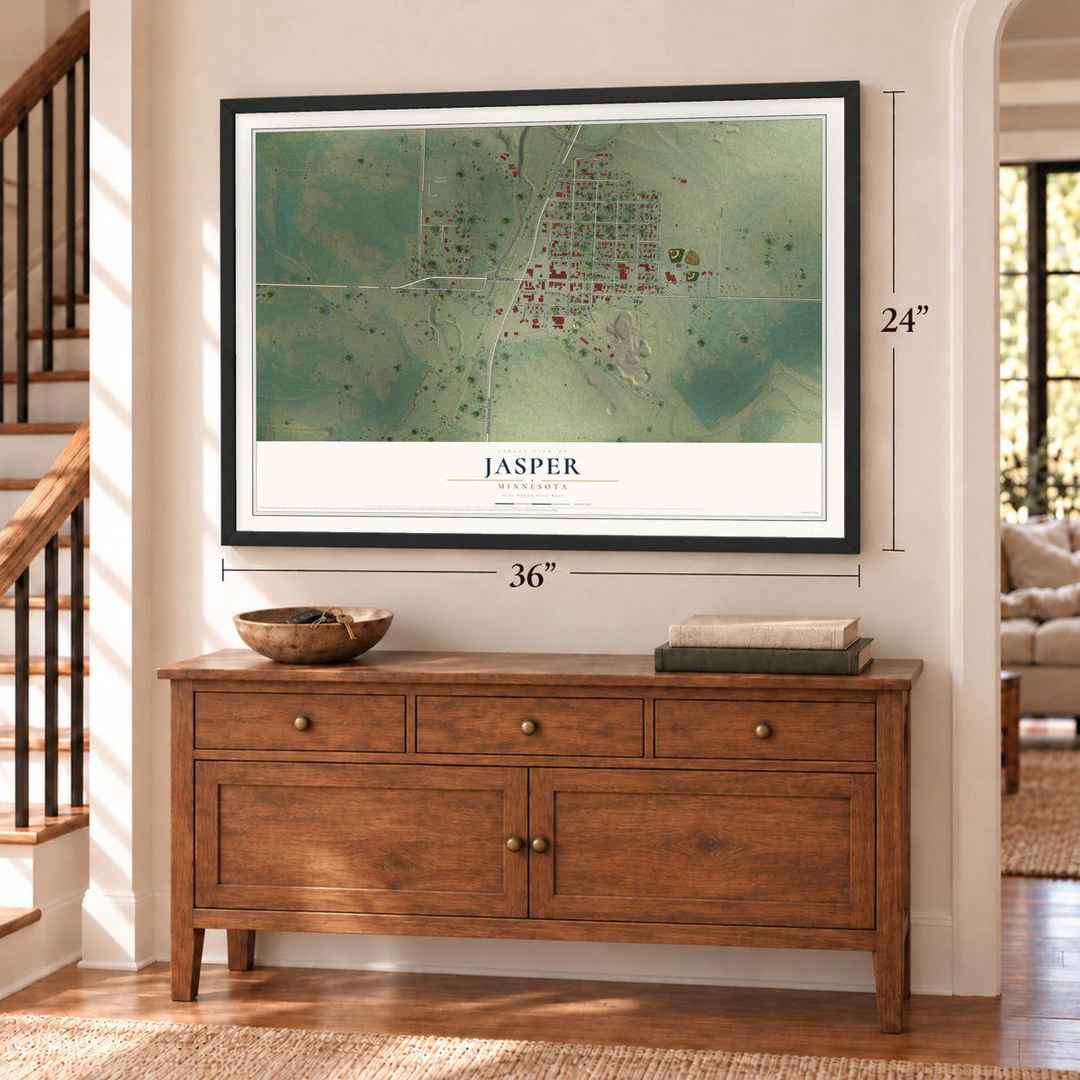Jasper, Minnesota map, 24 x 36 inch print in a black frame above a dresser by a staircase