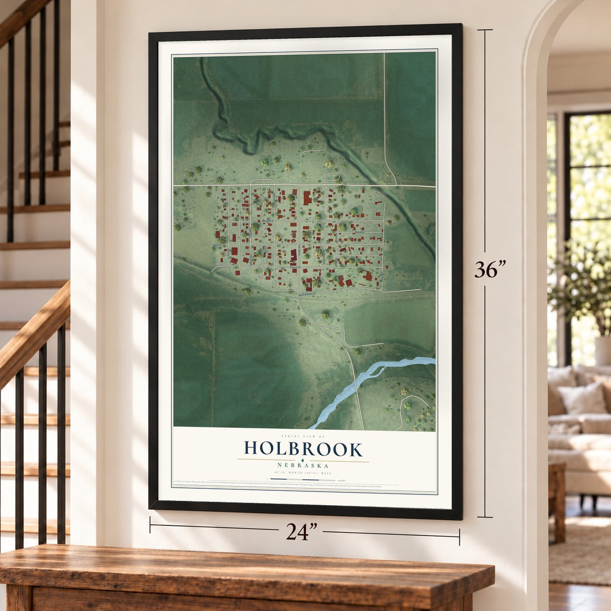 Holbrook, Nebraska map, 24 x 36 inch print in a black frame by a staircase