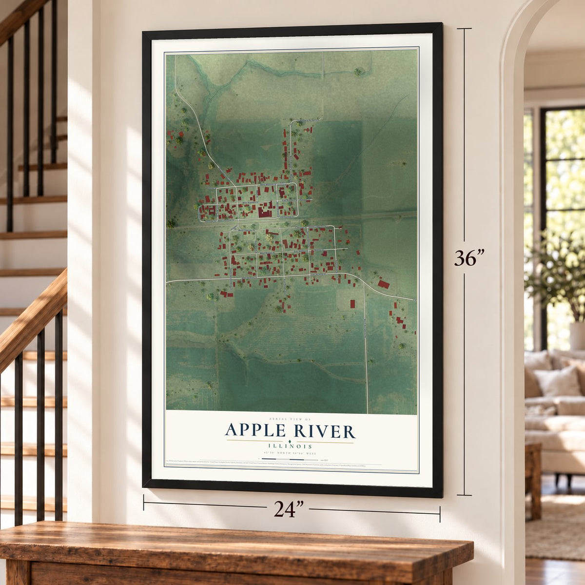 Apple River, Illinois map, 24 x 36 inch print in a black frame by a staircase