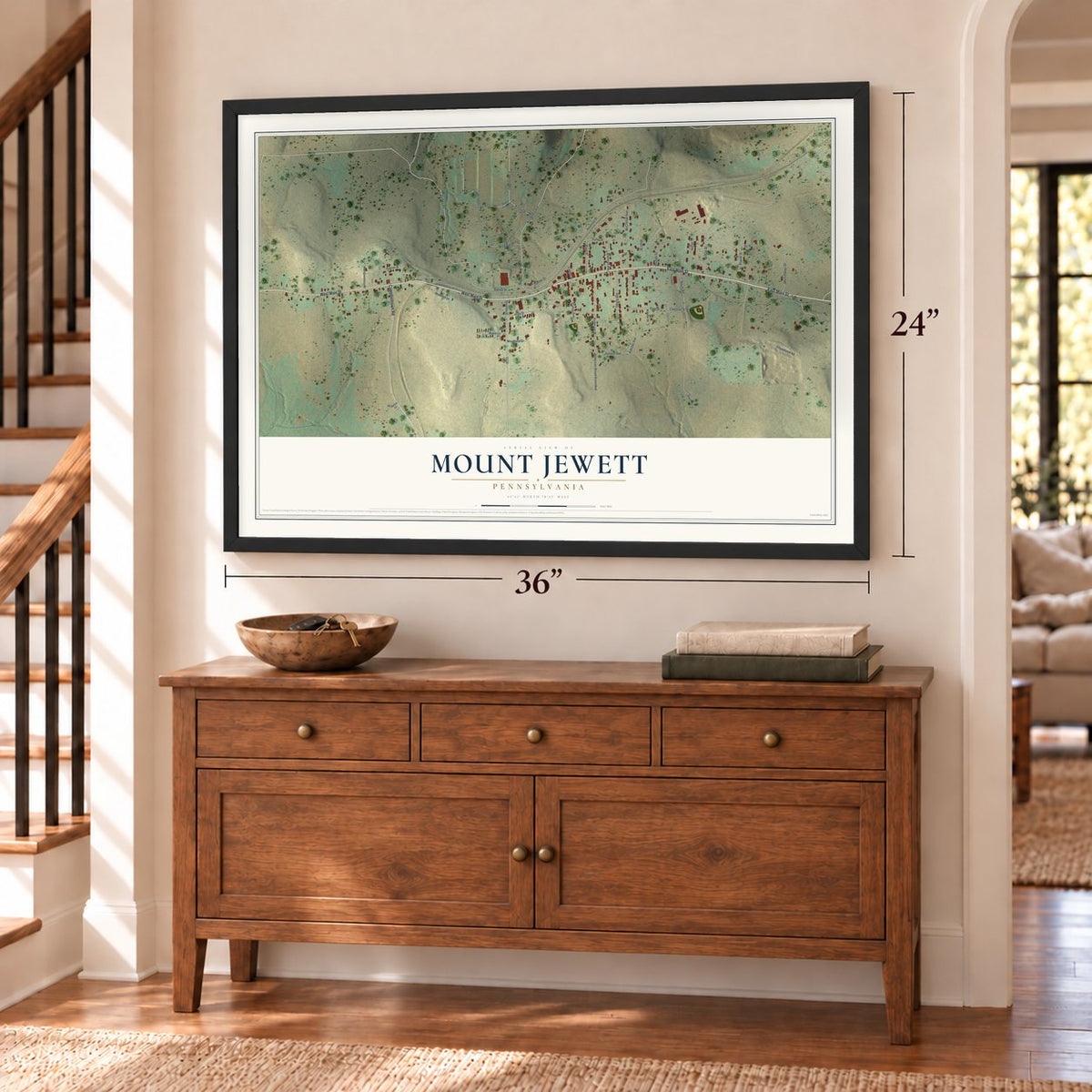 Mount Jewett, Pennsylvania map, 24 x 36 inch print in a black frame above a dresser by a staircase