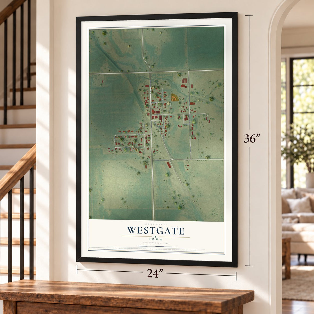 Westgate, Iowa map, 24 x 36 inch print in a black frame by a staircase